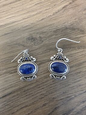 Sterling Silver Lapis Oval Drop Earrings - Blue